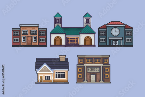 building town collection set in pixel art style
