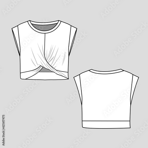 Womens front twist crop top t-shirt round neck Cap sleeve  fashion knot blouse flat sketch technical drawing template cad mock up deign vector