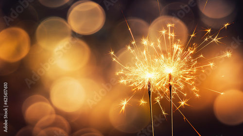 Burning sparklers on bokeh background. AI