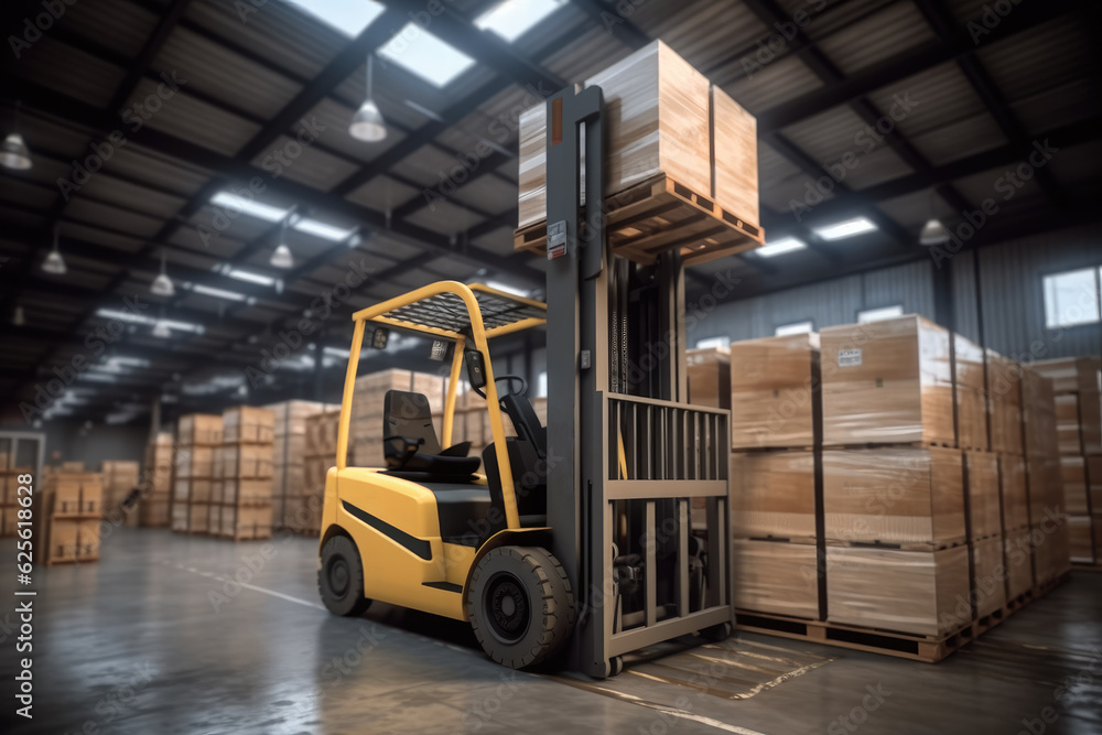 Forklift loads pallets and boxes in the modern large warehouse.