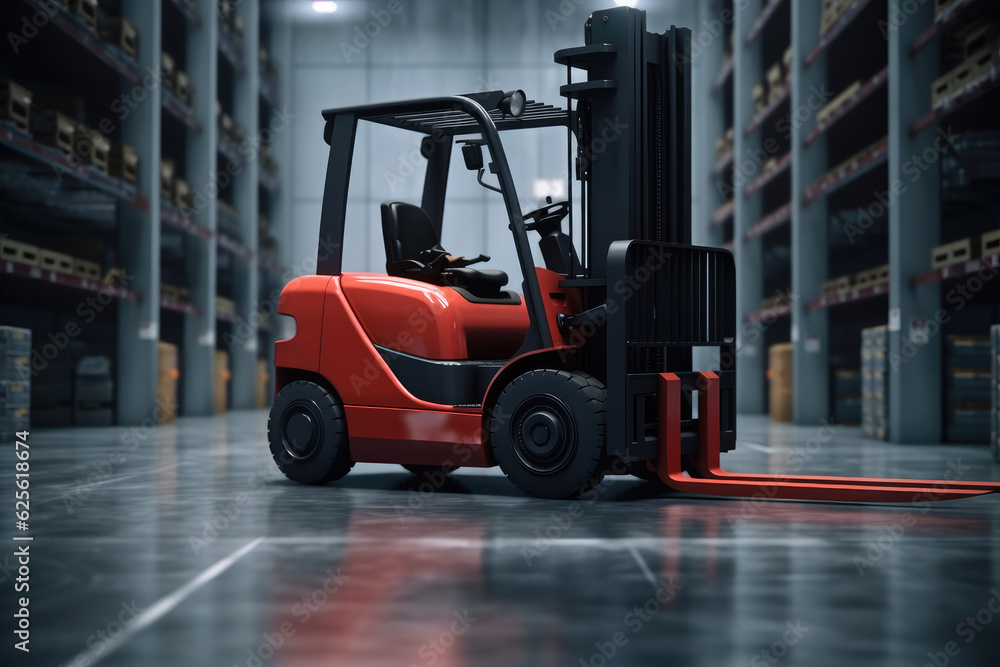 Forklift loading and unloading packaged goods in warehouse cargo storage, Logistics and transportation industrial concept..