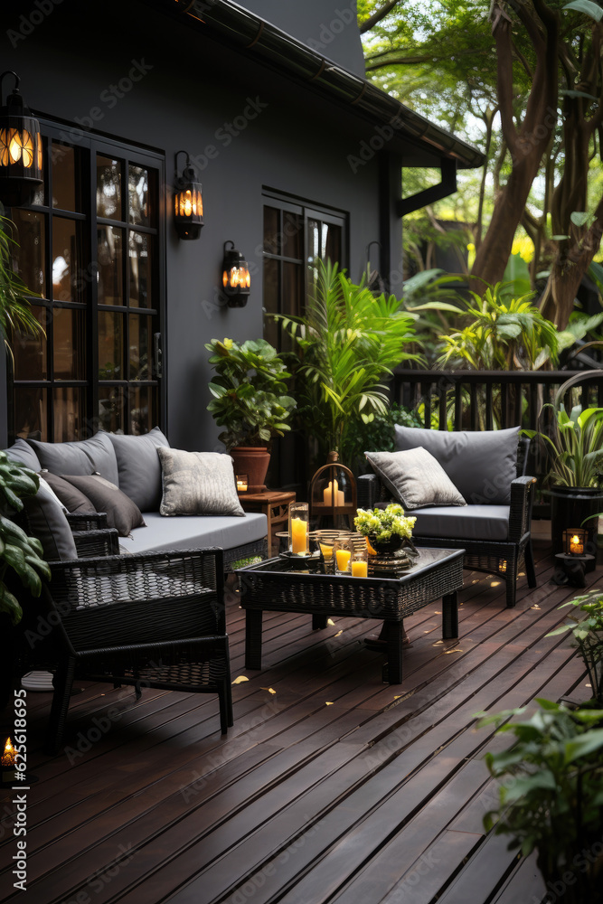 Obraz premium Patio with outdoor furniture and shrubs. Generative AI