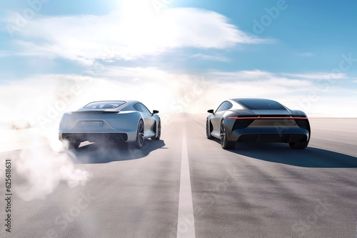 An electric car and a car with an internal combustion engine surrounded by clouds of smoke and exhaust gas. The negative impact of vehicles using fuel and gasoline on the environment, ecology, climate © Garnar