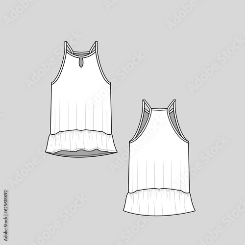Women keyhole Camisole top ruffles dip hem fashion  tank top  flat sketch cad mock up technical drawing template design vector 