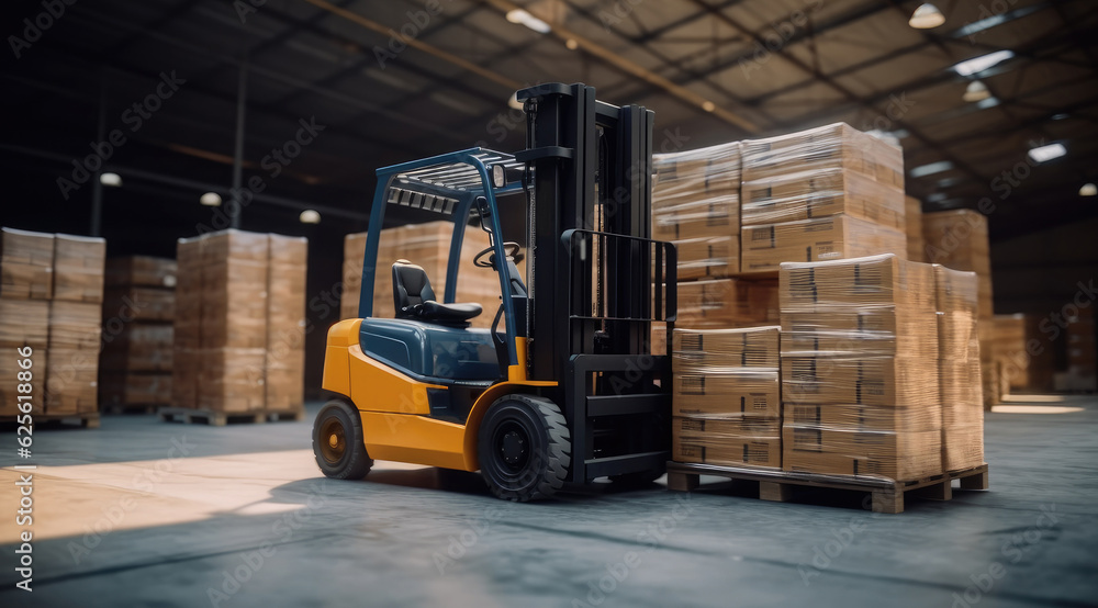 Naklejka premium Forklift inside storage hangar, Cardboard parcels on boxes in warehouse area, Delivery service warehouse.