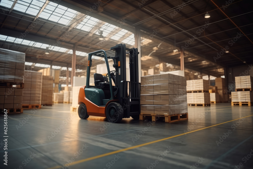 Forklift in large warehouse, Logistics processes.