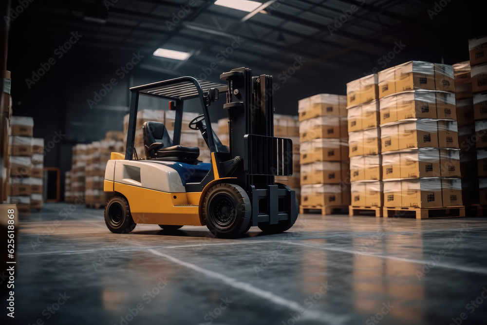 Forklift in a warehouse next to pallets, Warehouse center, Pallets with boxes in building.