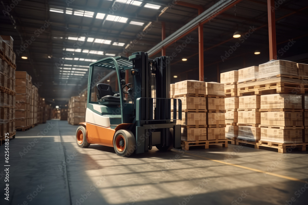 Forklift loads pallets and boxes in the modern large warehouse.