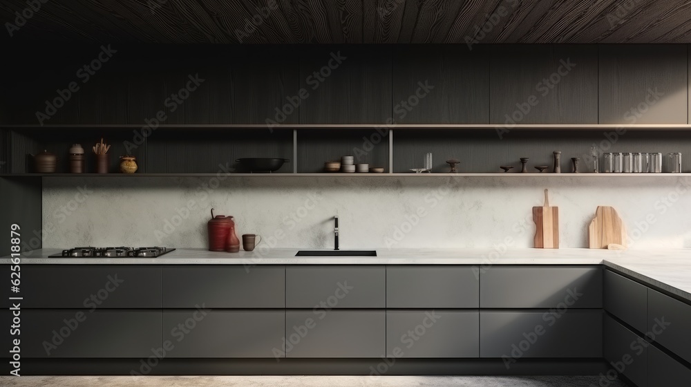 Modern kitchen, Grey kitchen interior and wooden cabinet with kitchenware.
