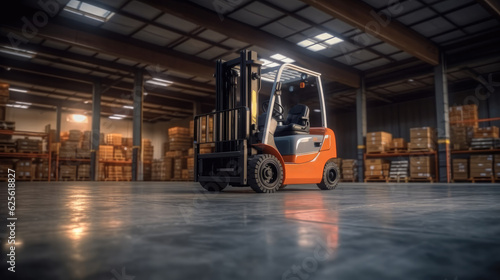 Forklift in a warehouse next to pallets, Warehouse center, Pallets with boxes in building.