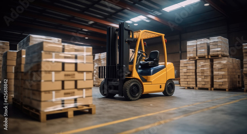 Forklift in warehouse, Boxes are on the shelves of the warehouse, Warehousing, machinery concept, Logistics in stock. © visoot