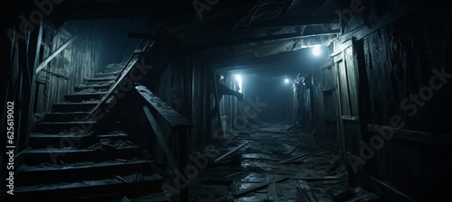 Abandoned haunted corridor melancholic dark background. Generative AI technology.