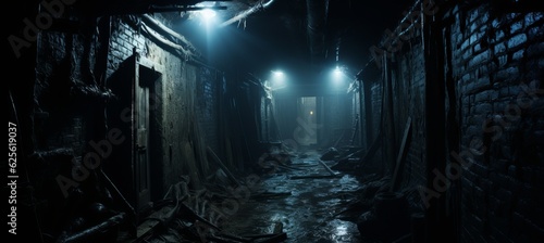 Abandoned haunted corridor melancholic dark background. Generative AI technology.