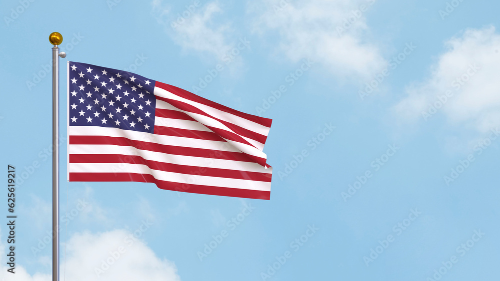 Waving flag of the United States of America against the sky. Dynamic 3D illustration dedicated to American patriotism with the iconic USA flag against the sky.