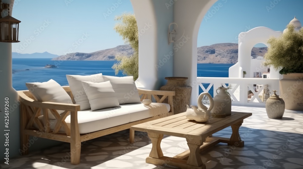 Terrace and sofa furniture overlooking the sea, Relaxing scene at a holiday, Luxurious.
