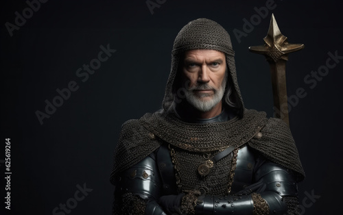 Portrait of a charismatic king in chainmail armor on gray background.