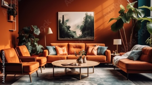 Luxury living room in house with modern interior design  orange velvet sofa  Upholstered furniture in room and elegant accessories.