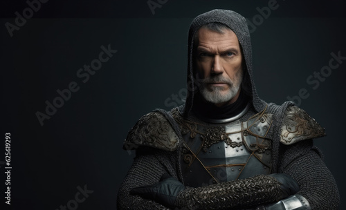 Portrait of a charismatic king in chainmail armor on gray background.