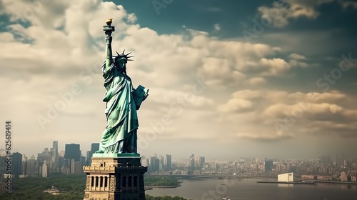 Statue of liberty on the background of the city of new york.
