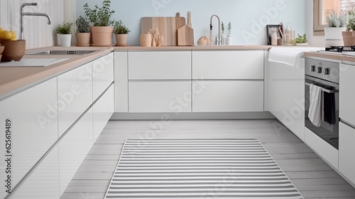 Stylish striped rug in modern kitchen. © visoot