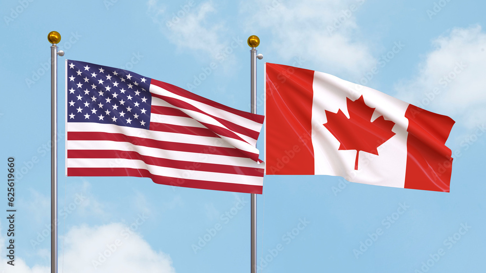 Waving flags of the United States of America and Canada on sky ...