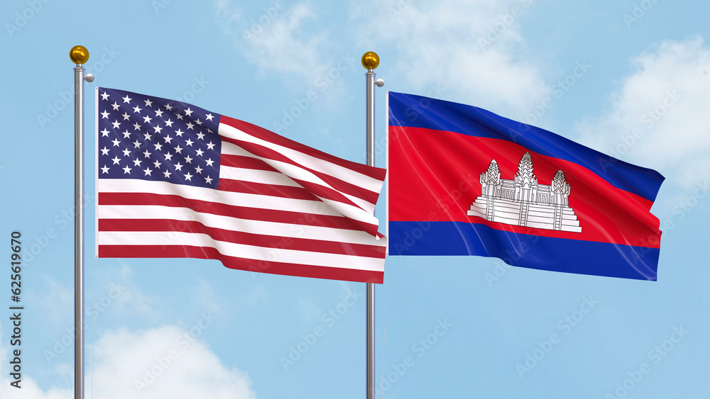 Waving flags of the United States of America and Cambodia on sky background. Illustrating International Diplomacy, Friendship and Partnership with Soaring Flags against the Sky. 3D illustration.