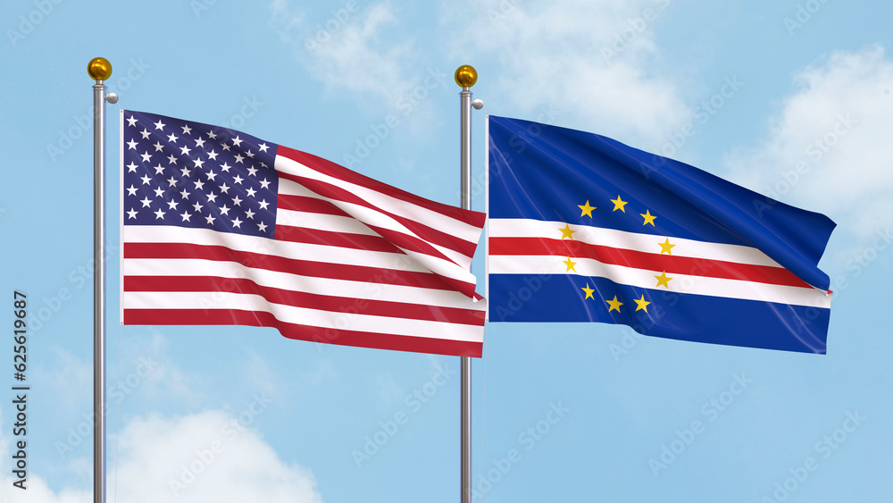Waving flags of the United States of America and Cape Verde on sky background. Illustrating International Diplomacy, Friendship and Partnership with Soaring Flags against the Sky. 3D illustration.