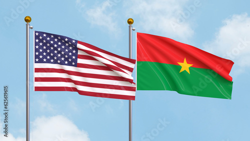 Waving flags of the United States of America and Burkina Faso on sky background. Illustrating International Diplomacy, Friendship and Partnership with Soaring Flags against the Sky. 3D illustration.