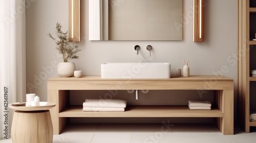 Hand washing concept  Wooden washstand with white ceramic vessel sink  Interior design of modern bathroom.