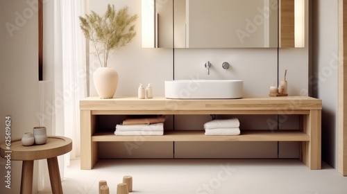 Hand washing concept, Wooden washstand with white ceramic vessel sink, Interior design of modern bathroom. © visoot