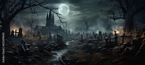 Old graveyard on melancholic full moon night background. Generative AI technology.