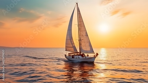 Sailing yacht in the sea at sunset. Luxury yachts in the ocean at sunset.