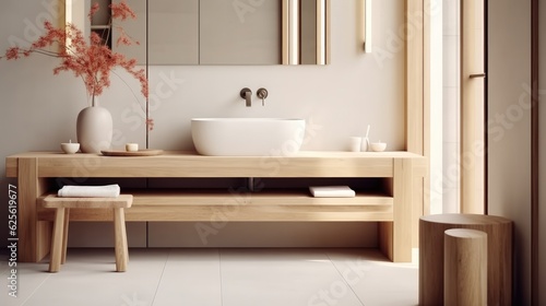 Hand washing concept  Wooden washstand with white ceramic vessel sink  Interior design of modern bathroom.