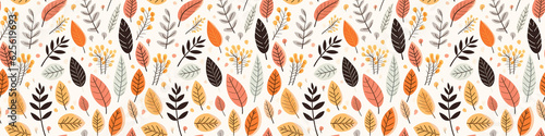 Autumn background wallaper illustration texture - Different autumnal leaves and plants  seasonal colors  seamless pattern  Generative Ai 