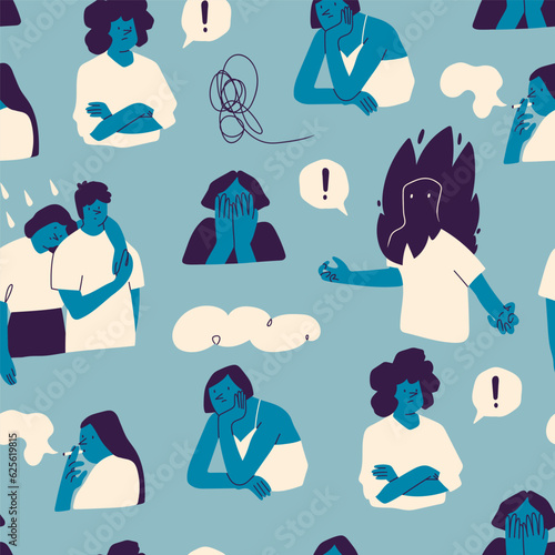 Set of frustrated unhappy people. Cartoon characters. Hand drawn Vector illustration. Bad mood, despair, sadness, anger, psychological disorders concept. Square seamless Pattern, background, wallpaper