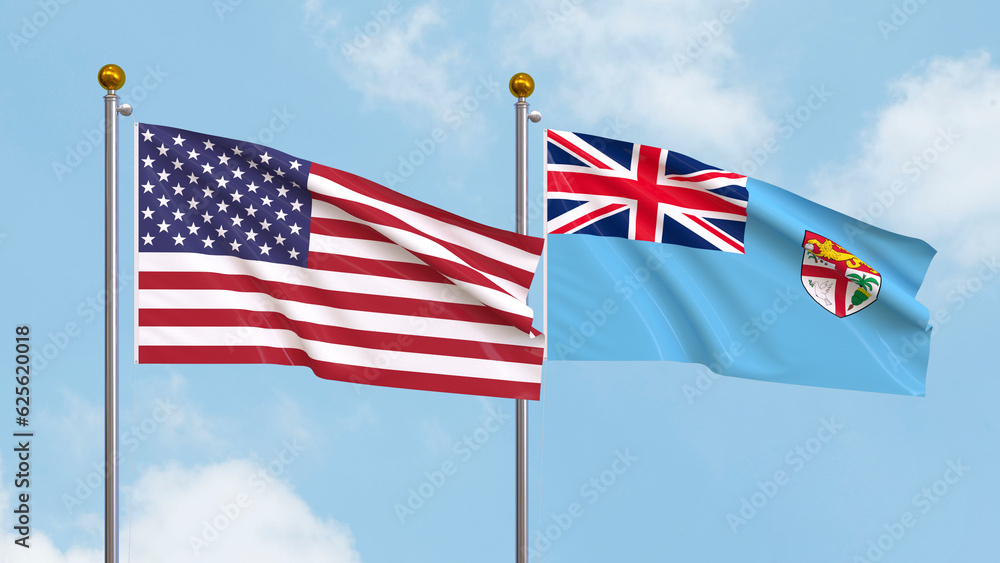 Waving flags of the United States of America and Fiji on sky background. Illustrating International Diplomacy, Friendship and Partnership with Soaring Flags against the Sky. 3D illustration. Waving flags of the United States of America and Fiji on sky background. Illustrating International Diplomacy, Friendship and Partnership with Soaring Flags against the Sky. 3D illustration.
