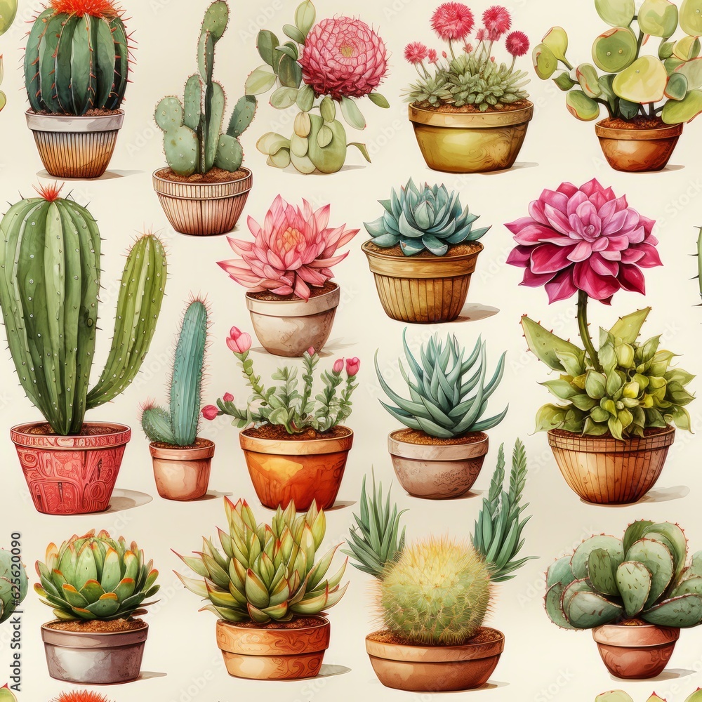Cactus, succulents, and desert flowers. Seamless tile. Generative AI Cactus, succulents, and desert flowers. Seamless tile. Generative AI