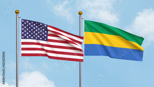 Waving flags of the United States of America and Gabon on sky background. Illustrating International Diplomacy, Friendship and Partnership with Soaring Flags against the Sky. 3D illustration.