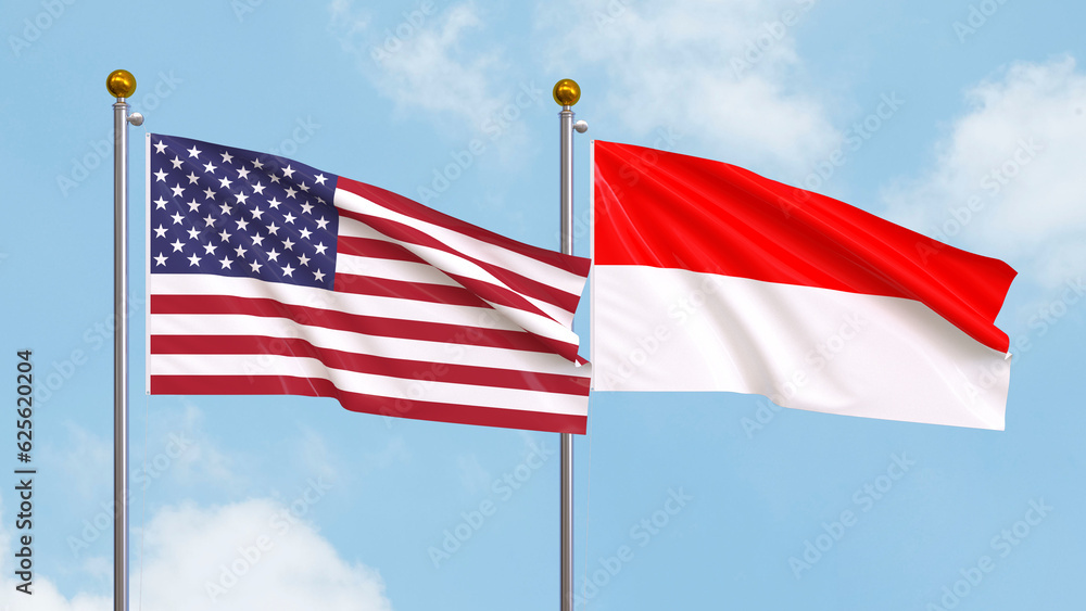 Obraz premium Waving flags of the United States of America and Indonesia on sky background. Illustrating International Diplomacy, Friendship and Partnership with Soaring Flags against the Sky. 3D illustration.