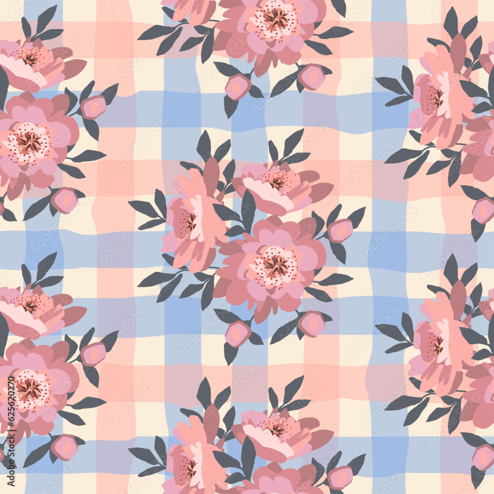 Peonies on checkered background, rustic floral design Peonies on checkered background, rustic floral design