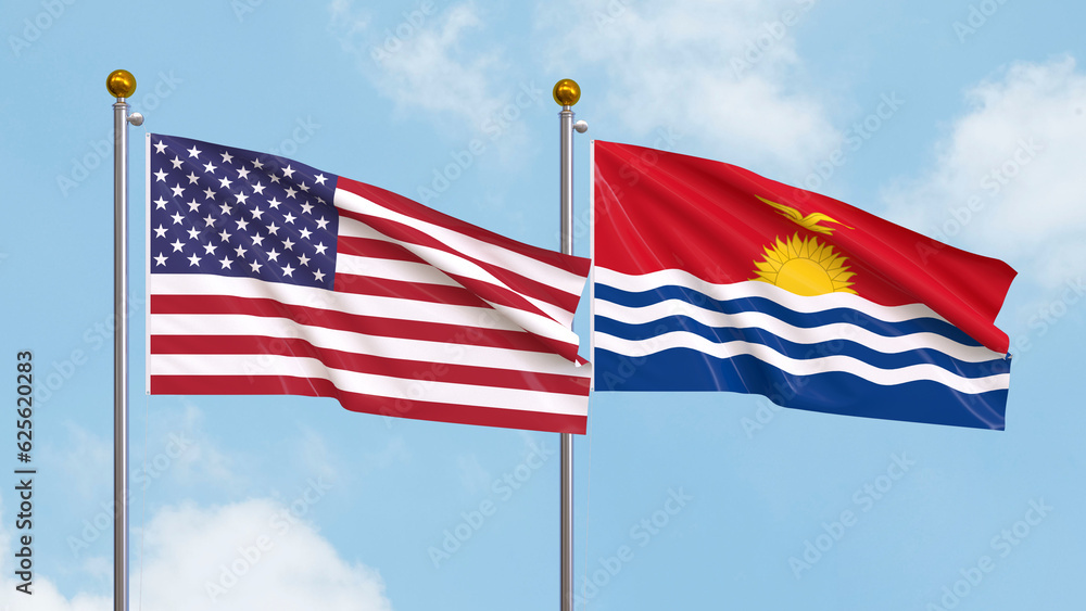 Waving flags of the United States of America and Kiribati on sky background. Illustrating International Diplomacy, Friendship and Partnership with Soaring Flags against the Sky. 3D illustration. Waving flags of the United States of America and Kiribati on sky background. Illustrating International Diplomacy, Friendship and Partnership with Soaring Flags against the Sky. 3D illustration.