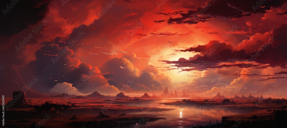 Dramatic sunset red sky landscape background. Generative AI technology.