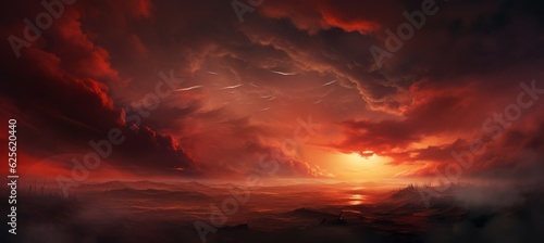 Sunset red cloudy sky landscape background. Generative AI technology.