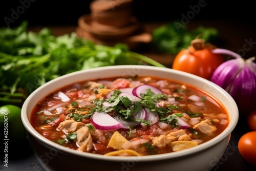 vibrant, close-up shot of menudo with garnishes like chopped onions, cilantro, and a squeeze of lime photo