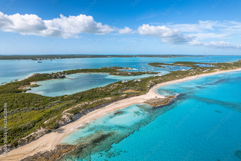 The drone aerial view of t Stocking Island, Great Exuma, Bahamas.