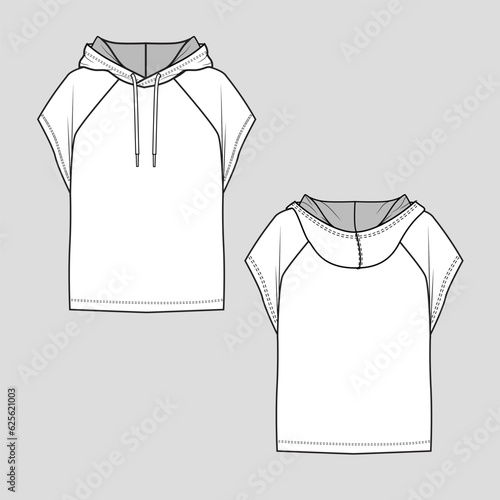 Women Raglan Short Sleeve hoodie sweatshirt drawstring fashion cad mock up flat sketch technical drawing design vector