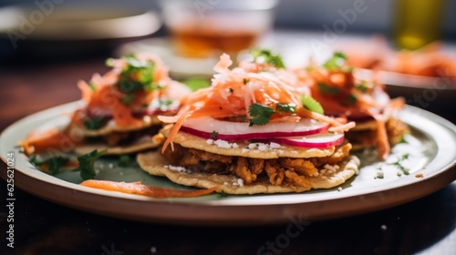 An image capturing the details of Gorditas de Chicharrón served with pickled carrots and jalapenos