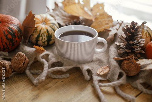 Warm cup of tea, pumpkins, autumn leaves, cones, cozy scarf on rustic wooden table in farmhouse. Cozy fall in rural home. Happy Thanksgiving. Autumn hygge still life, banner