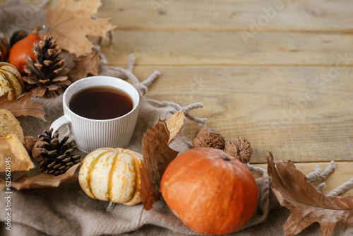Autumn rural banner. Warm cup of tea, pumpkins, fall leaves, cozy scarf on rustic wooden table with space for text. Hygge autumn. Happy Thanksgiving. Fall still life
