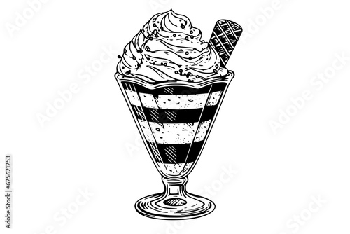 Ice cream scoops with berries and wafer sticks in glass cup. Ink sketch engraved vector illustration.